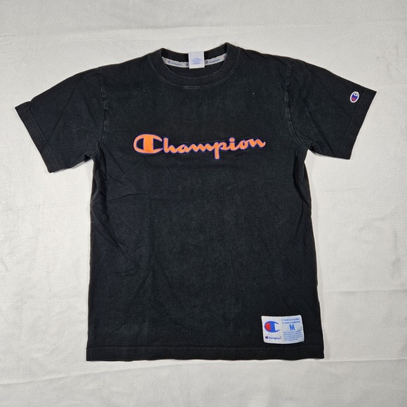 Champion Other - VTG Champion Mens Script Logo‎ Graphic T-Shirt Black Orange Medium Short Sleeve